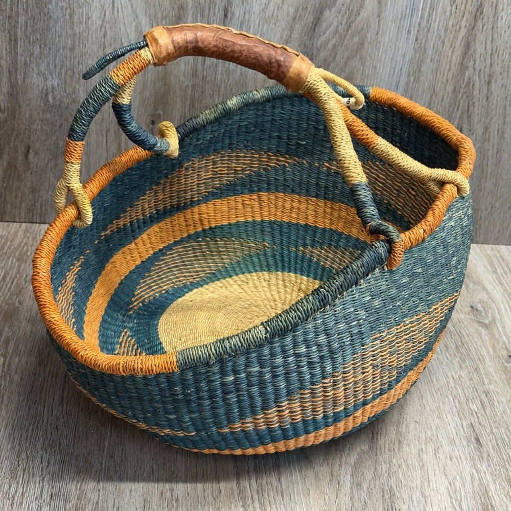 Woven African Bolga Ghana Market Basket Large Leather Handle